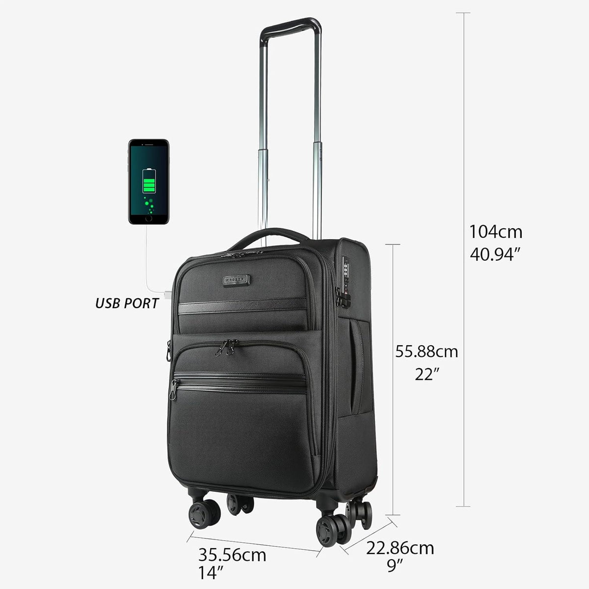 Softside Expandable Carry On Luggage with Front Business Pockets，20 Inch Suitcases with Spinner Wheels & Built-in TSA Lock, Durable Suitcase Rolling Luggage with USB Port, Haze Blue