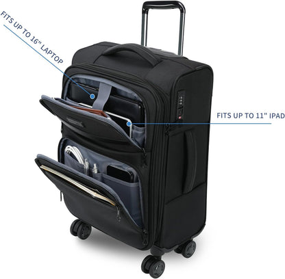 Softside Expandable Carry On Luggage with Front Business Pockets，20 Inch Suitcases with Spinner Wheels & Built-in TSA Lock, Durable Suitcase Rolling Luggage with USB Port, Haze Blue