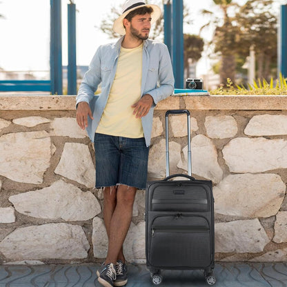 Softside Expandable Carry On Luggage with Front Business Pockets，20 Inch Suitcases with Spinner Wheels & Built-in TSA Lock, Durable Suitcase Rolling Luggage with USB Port, Haze Blue