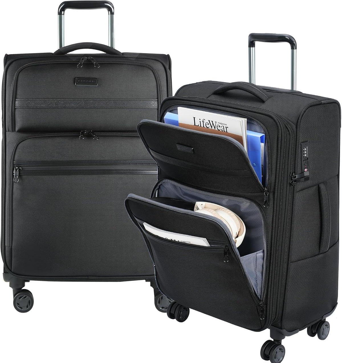 Softside Expandable Carry On Luggage with Front Business Pockets，20 Inch Suitcases with Spinner Wheels & Built-in TSA Lock, Durable Suitcase Rolling Luggage with USB Port, Haze Blue