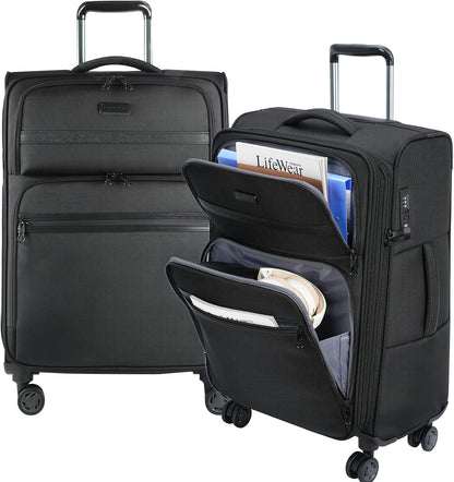 Softside Expandable Carry On Luggage with Front Business Pockets，20 Inch Suitcases with Spinner Wheels & Built-in TSA Lock, Durable Suitcase Rolling Luggage with USB Port, Haze Blue