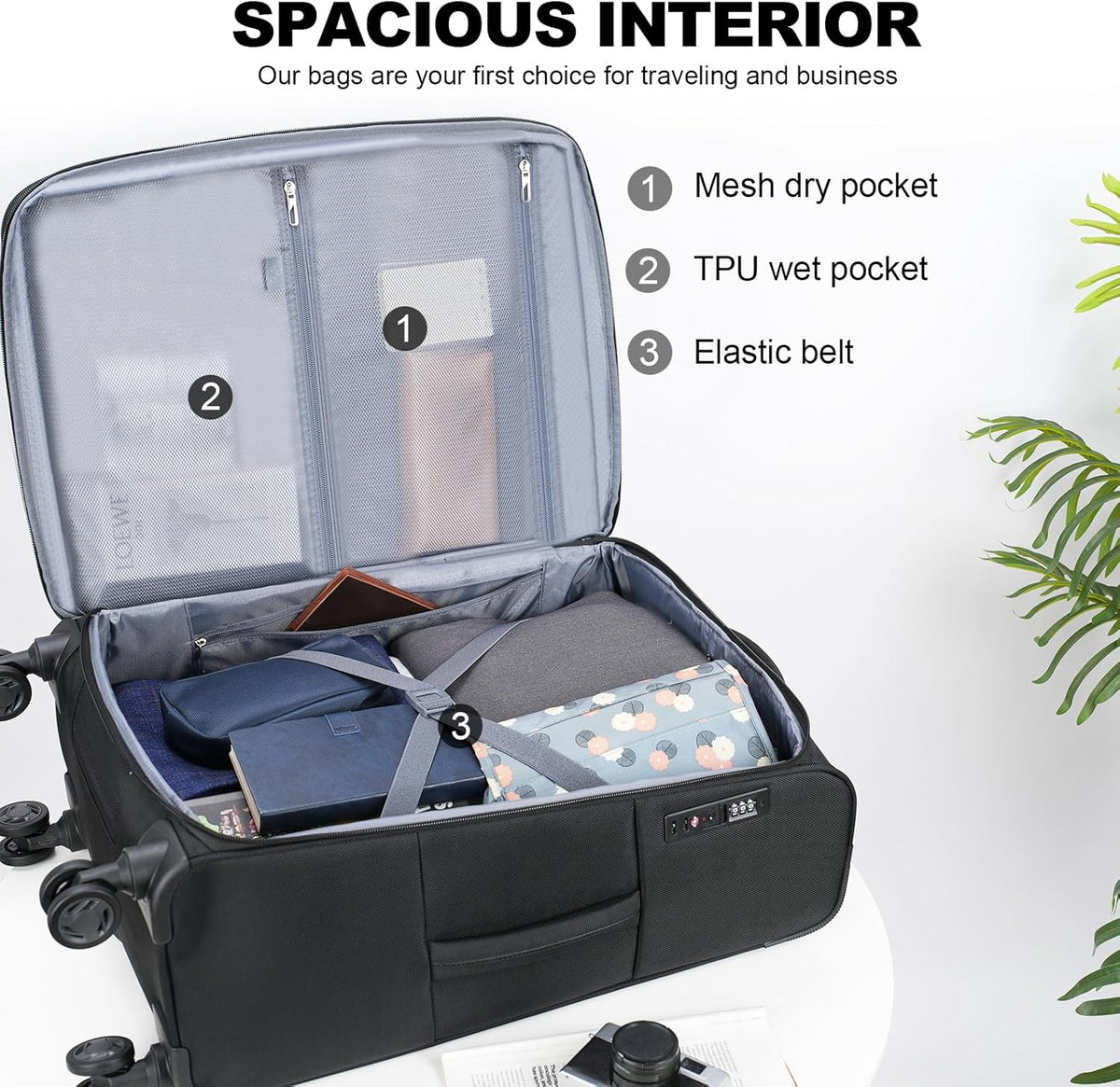 Softside Expandable Carry On Luggage with Front Business Pockets，20 Inch Suitcases with Spinner Wheels & Built-in TSA Lock, Durable Suitcase Rolling Luggage with USB Port, Haze Blue