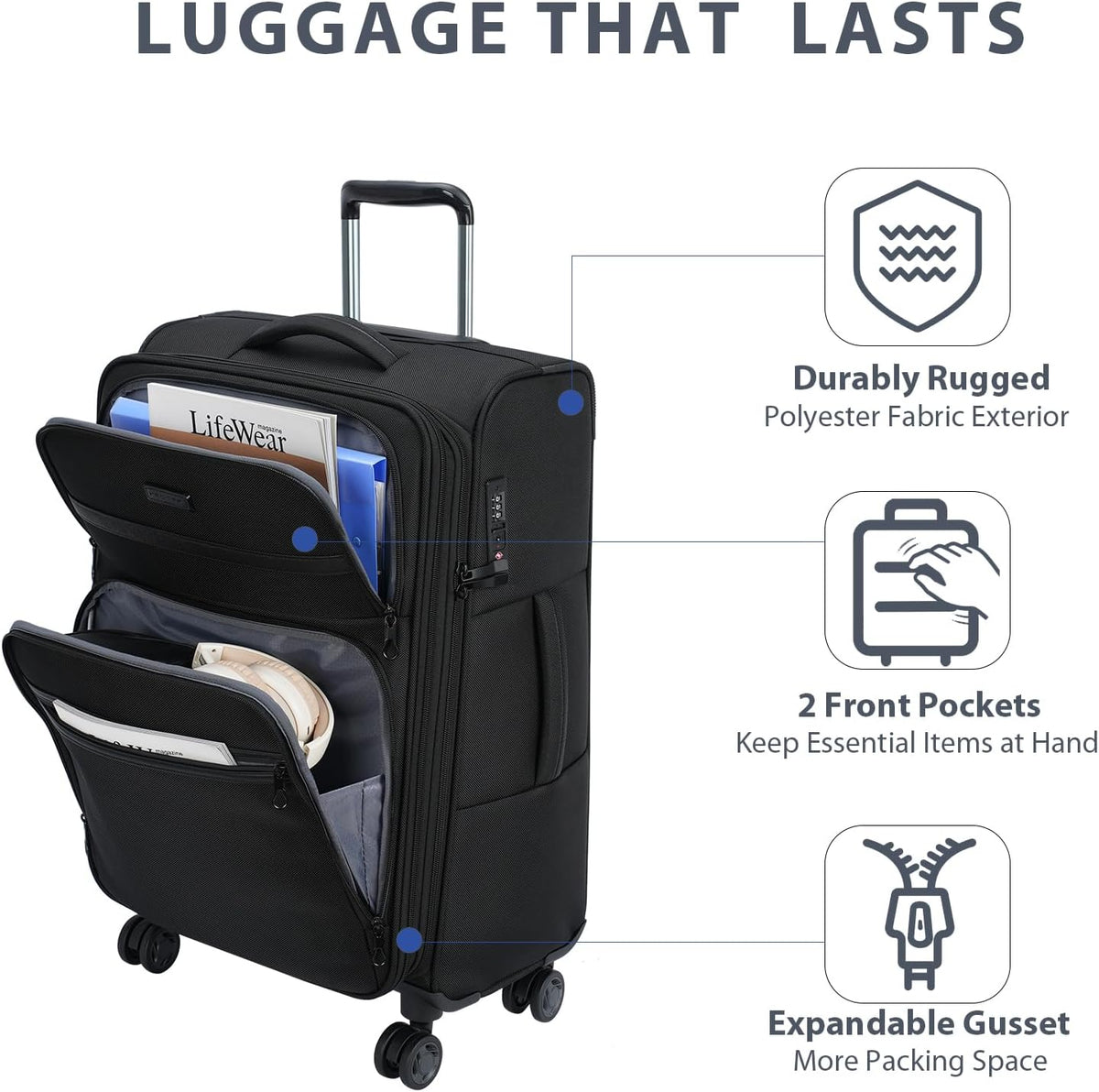 Softside Expandable Carry On Luggage with Front Business Pockets，20 Inch Suitcases with Spinner Wheels & Built-in TSA Lock, Durable Suitcase Rolling Luggage with USB Port, Haze Blue