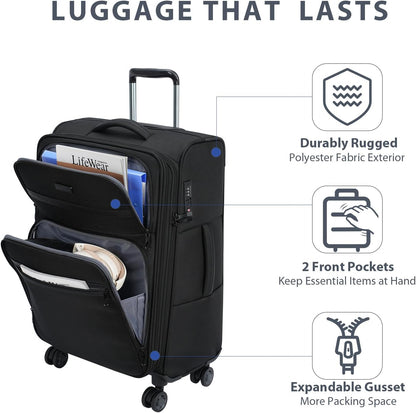 Softside Expandable Carry On Luggage with Front Business Pockets，20 Inch Suitcases with Spinner Wheels & Built-in TSA Lock, Durable Suitcase Rolling Luggage with USB Port, Haze Blue