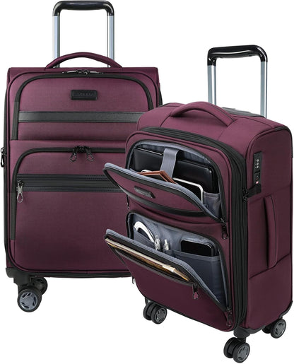 Softside Expandable Carry On Luggage with Front Business Pockets，20 Inch Suitcases with Spinner Wheels & Built-in TSA Lock, Durable Suitcase Rolling Luggage with USB Port, Haze Blue