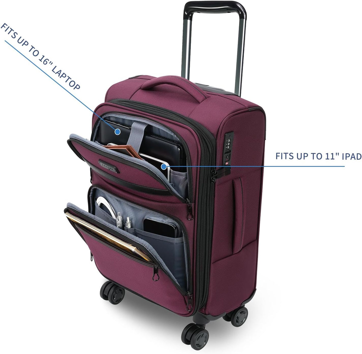 Softside Expandable Carry On Luggage with Front Business Pockets，20 Inch Suitcases with Spinner Wheels & Built-in TSA Lock, Durable Suitcase Rolling Luggage with USB Port, Haze Blue