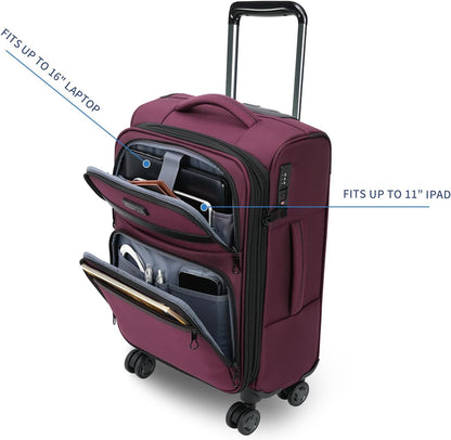 Softside Expandable Carry On Luggage with Front Business Pockets，20 Inch Suitcases with Spinner Wheels & Built-in TSA Lock, Durable Suitcase Rolling Luggage with USB Port, Haze Blue