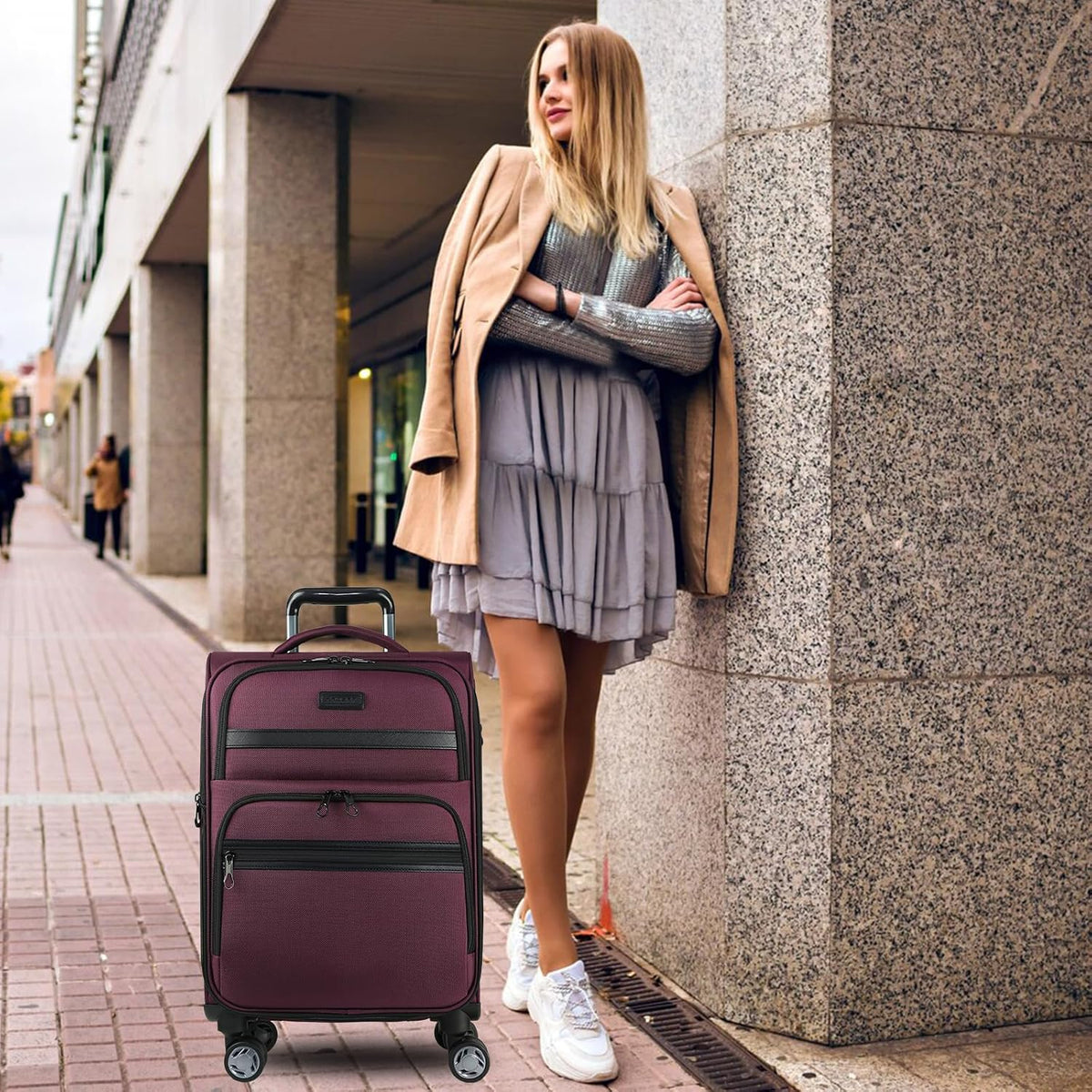 Softside Expandable Carry On Luggage with Front Business Pockets，20 Inch Suitcases with Spinner Wheels & Built-in TSA Lock, Durable Suitcase Rolling Luggage with USB Port, Haze Blue