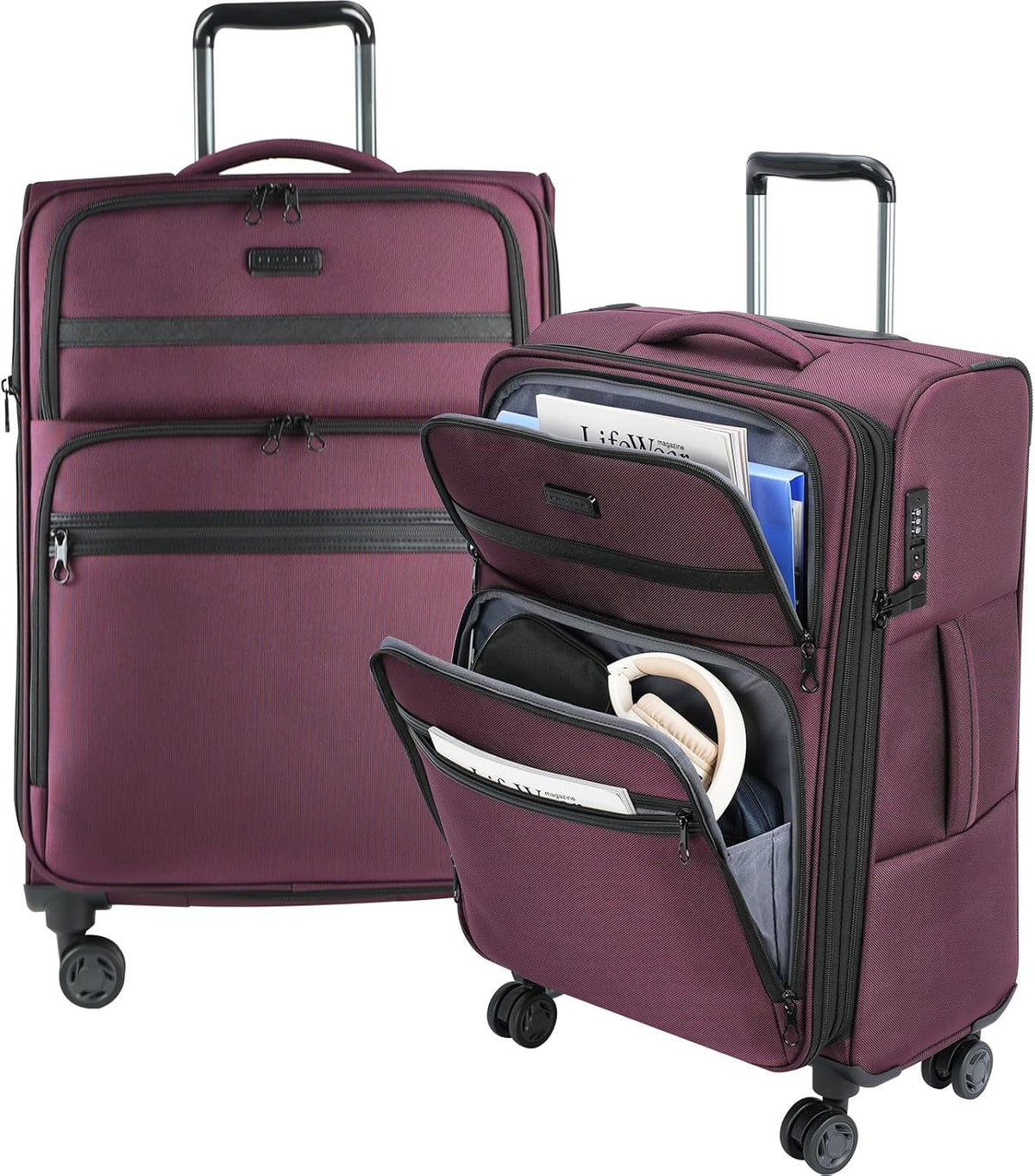 Softside Expandable Carry On Luggage with Front Business Pockets，20 Inch Suitcases with Spinner Wheels & Built-in TSA Lock, Durable Suitcase Rolling Luggage with USB Port, Haze Blue