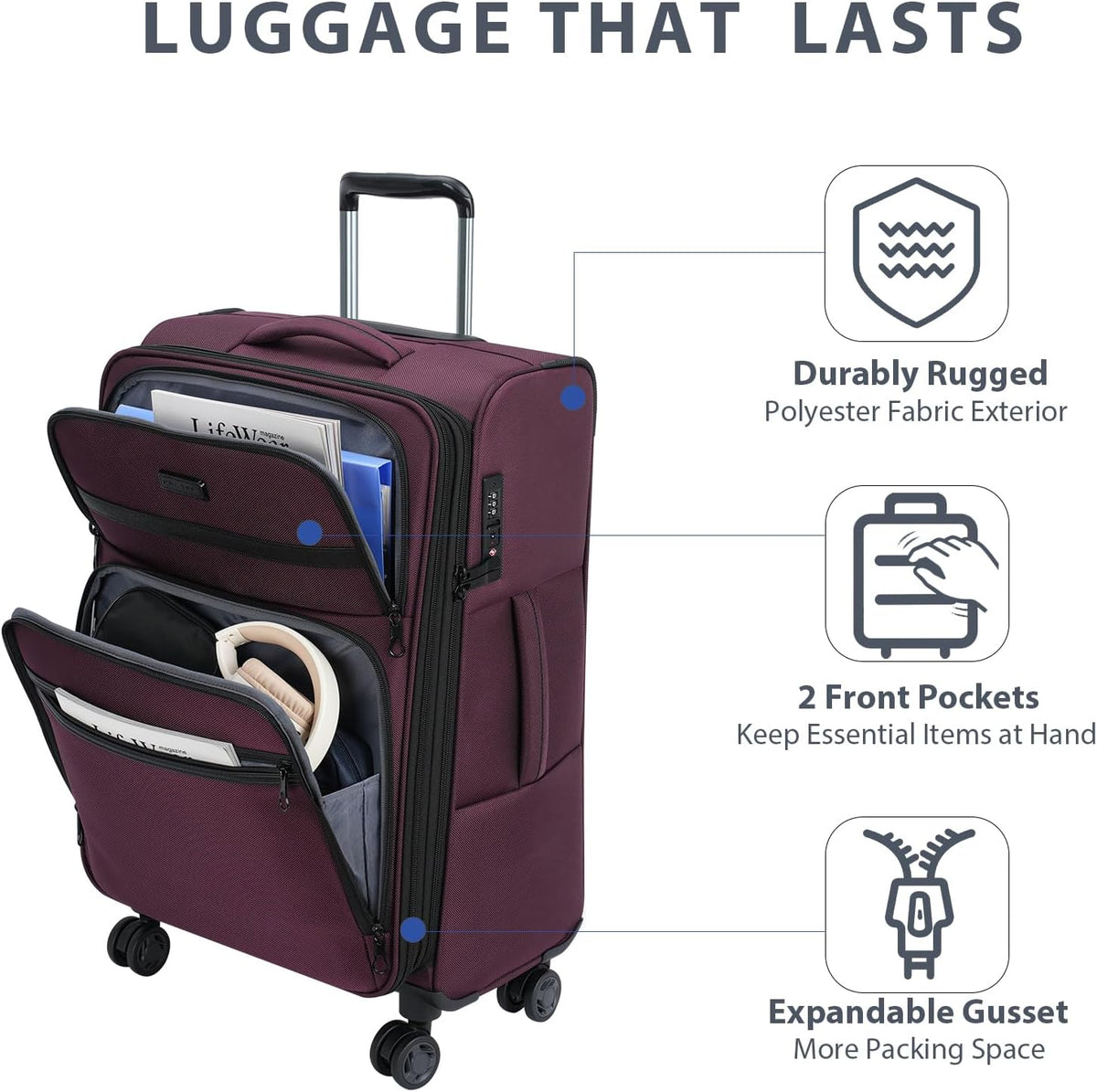 Softside Expandable Carry On Luggage with Front Business Pockets，20 Inch Suitcases with Spinner Wheels & Built-in TSA Lock, Durable Suitcase Rolling Luggage with USB Port, Haze Blue