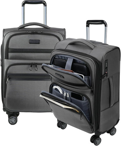 Softside Expandable Carry On Luggage with Front Business Pockets，20 Inch Suitcases with Spinner Wheels & Built-in TSA Lock, Durable Suitcase Rolling Luggage with USB Port, Haze Blue