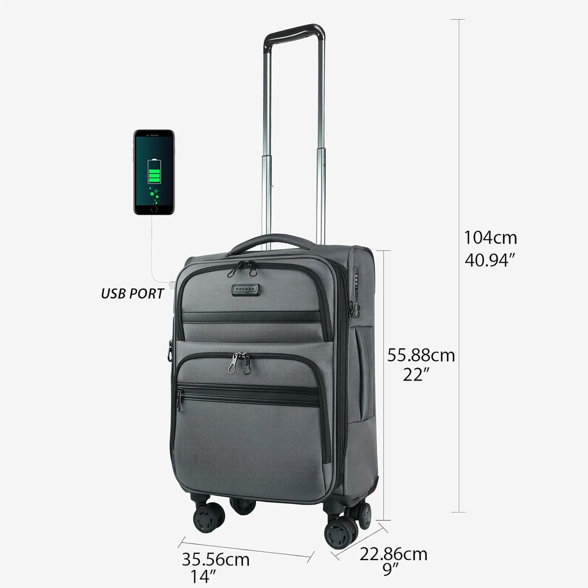 Softside Expandable Carry On Luggage with Front Business Pockets，20 Inch Suitcases with Spinner Wheels & Built-in TSA Lock, Durable Suitcase Rolling Luggage with USB Port, Haze Blue