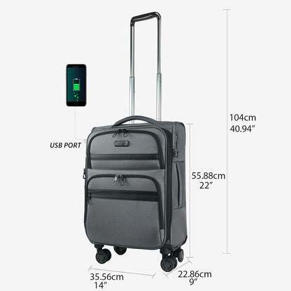 Softside Expandable Carry On Luggage with Front Business Pockets，20 Inch Suitcases with Spinner Wheels & Built-in TSA Lock, Durable Suitcase Rolling Luggage with USB Port, Haze Blue