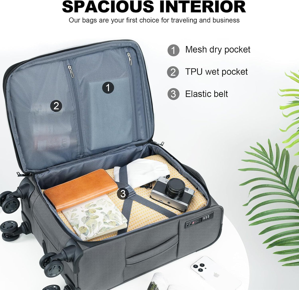 Softside Expandable Carry On Luggage with Front Business Pockets，20 Inch Suitcases with Spinner Wheels & Built-in TSA Lock, Durable Suitcase Rolling Luggage with USB Port, Haze Blue