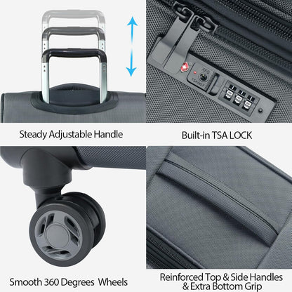 Softside Expandable Carry On Luggage with Front Business Pockets，20 Inch Suitcases with Spinner Wheels & Built-in TSA Lock, Durable Suitcase Rolling Luggage with USB Port, Haze Blue