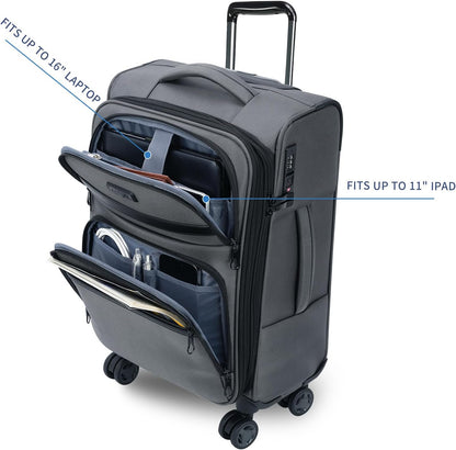 Softside Expandable Carry On Luggage with Front Business Pockets，20 Inch Suitcases with Spinner Wheels & Built-in TSA Lock, Durable Suitcase Rolling Luggage with USB Port, Haze Blue