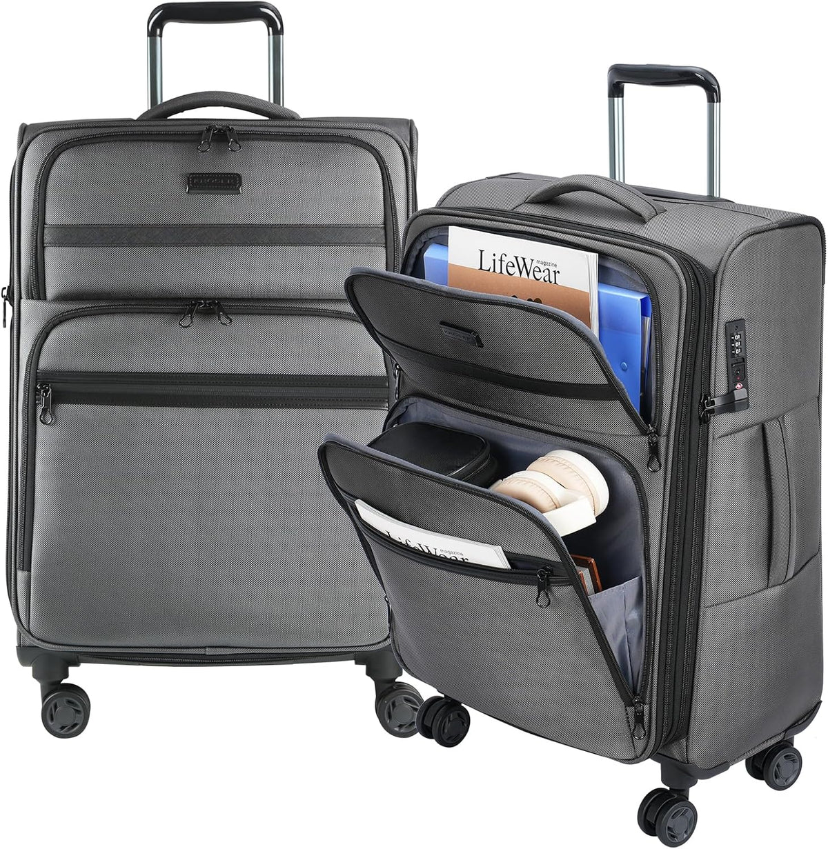 Softside Expandable Carry On Luggage with Front Business Pockets，20 Inch Suitcases with Spinner Wheels & Built-in TSA Lock, Durable Suitcase Rolling Luggage with USB Port, Haze Blue