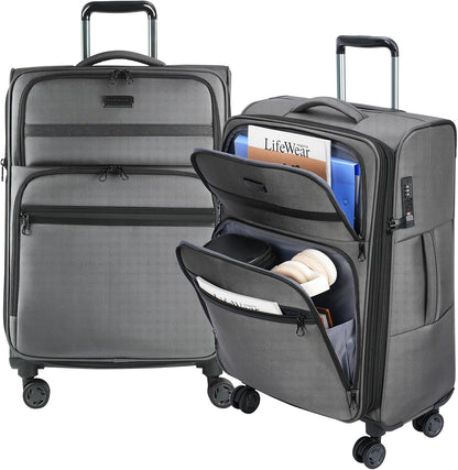 Softside Expandable Carry On Luggage with Front Business Pockets，20 Inch Suitcases with Spinner Wheels & Built-in TSA Lock, Durable Suitcase Rolling Luggage with USB Port, Haze Blue