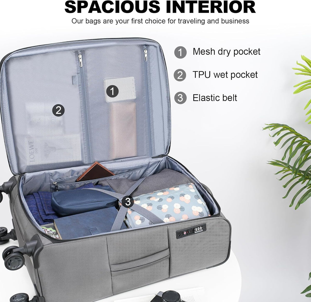 Softside Expandable Carry On Luggage with Front Business Pockets，20 Inch Suitcases with Spinner Wheels & Built-in TSA Lock, Durable Suitcase Rolling Luggage with USB Port, Haze Blue