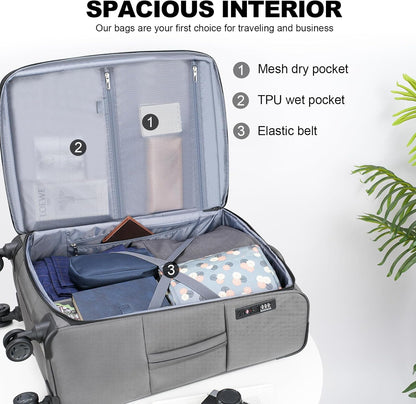 Softside Expandable Carry On Luggage with Front Business Pockets，20 Inch Suitcases with Spinner Wheels & Built-in TSA Lock, Durable Suitcase Rolling Luggage with USB Port, Haze Blue