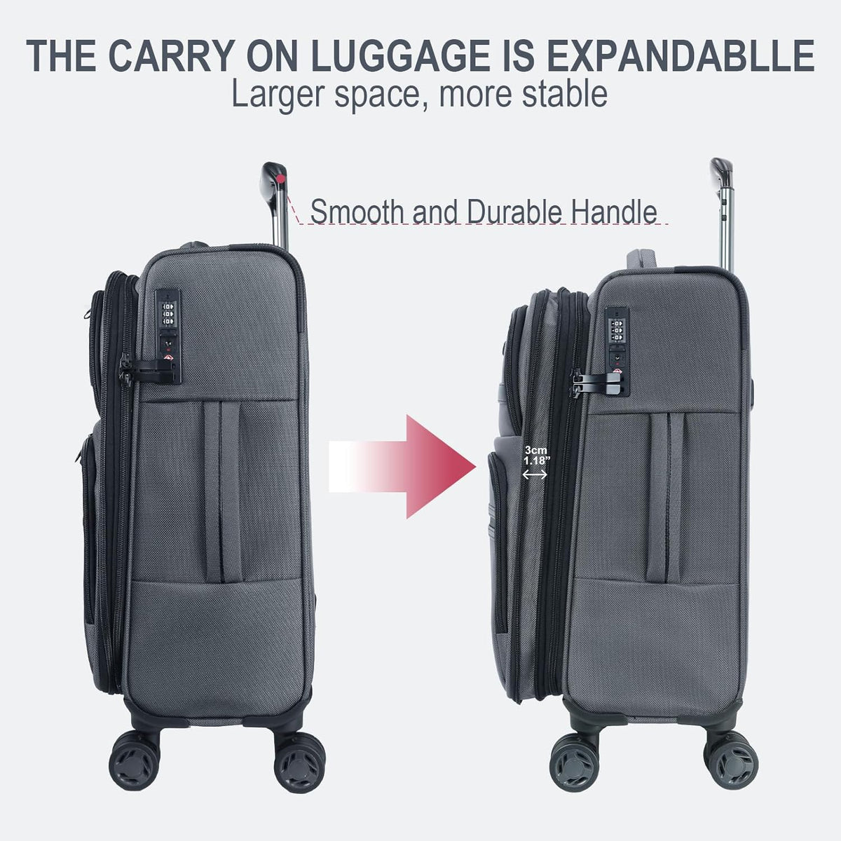 Softside Expandable Carry On Luggage with Front Business Pockets，20 Inch Suitcases with Spinner Wheels & Built-in TSA Lock, Durable Suitcase Rolling Luggage with USB Port, Haze Blue