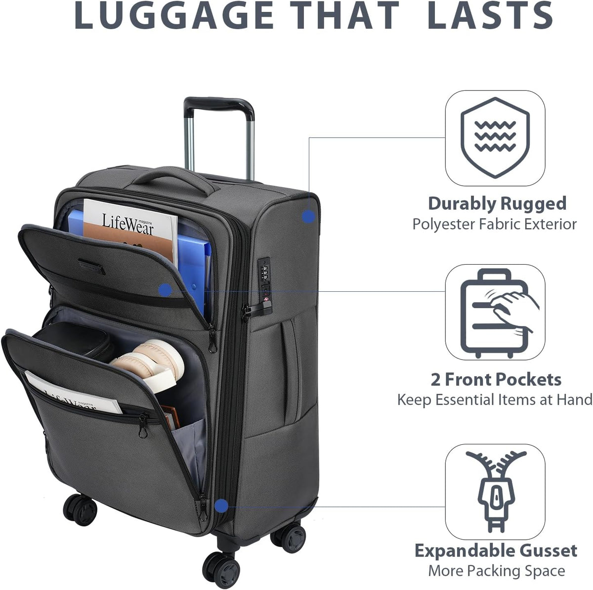 Softside Expandable Carry On Luggage with Front Business Pockets，20 Inch Suitcases with Spinner Wheels & Built-in TSA Lock, Durable Suitcase Rolling Luggage with USB Port, Haze Blue