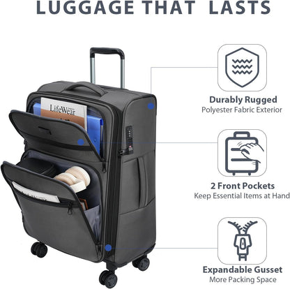 Softside Expandable Carry On Luggage with Front Business Pockets，20 Inch Suitcases with Spinner Wheels & Built-in TSA Lock, Durable Suitcase Rolling Luggage with USB Port, Haze Blue