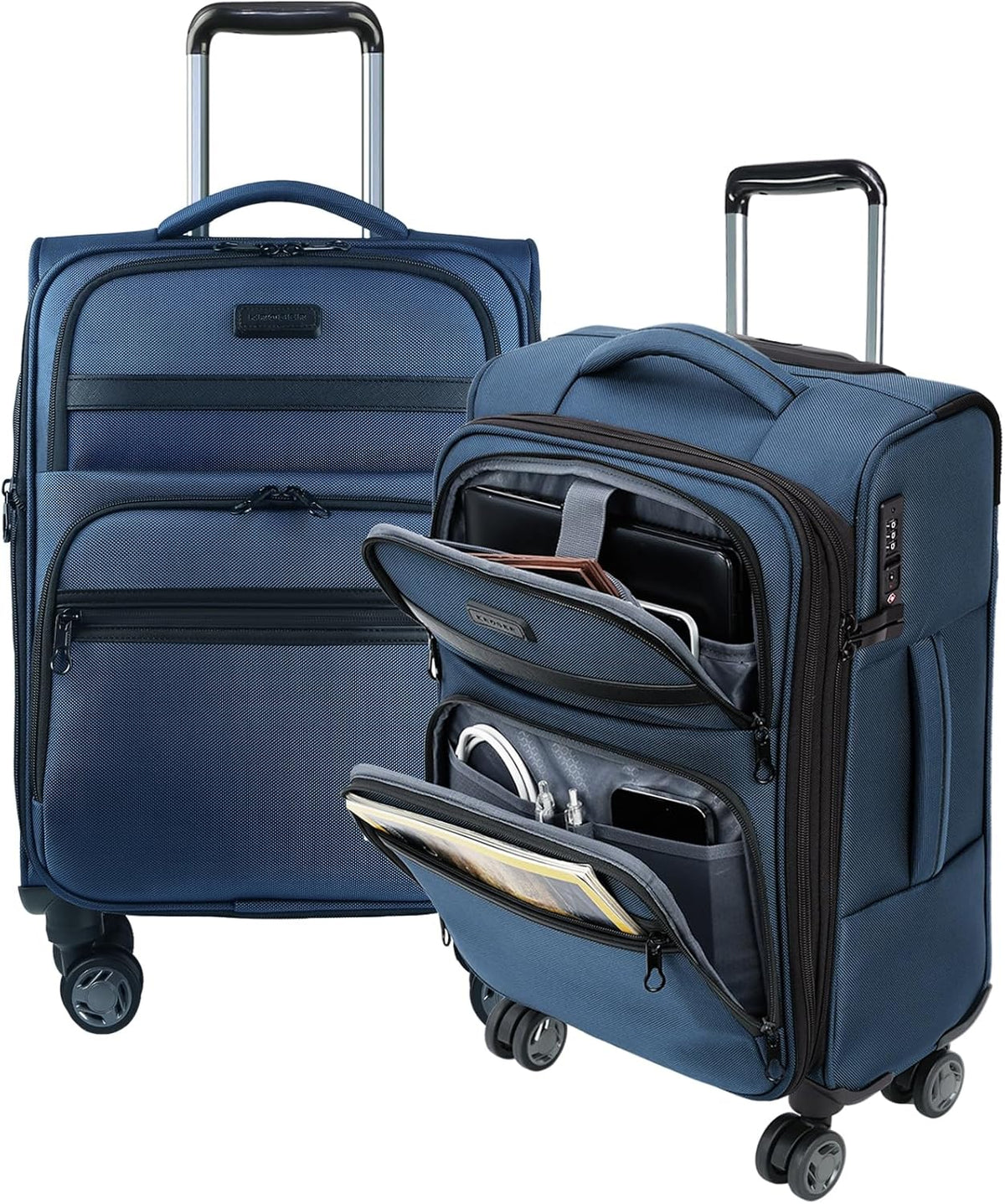 Softside Expandable Carry On Luggage with Front Business Pockets，20 Inch Suitcases with Spinner Wheels & Built-in TSA Lock, Durable Suitcase Rolling Luggage with USB Port, Haze Blue