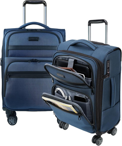 Softside Expandable Carry On Luggage with Front Business Pockets，20 Inch Suitcases with Spinner Wheels & Built-in TSA Lock, Durable Suitcase Rolling Luggage with USB Port, Haze Blue
