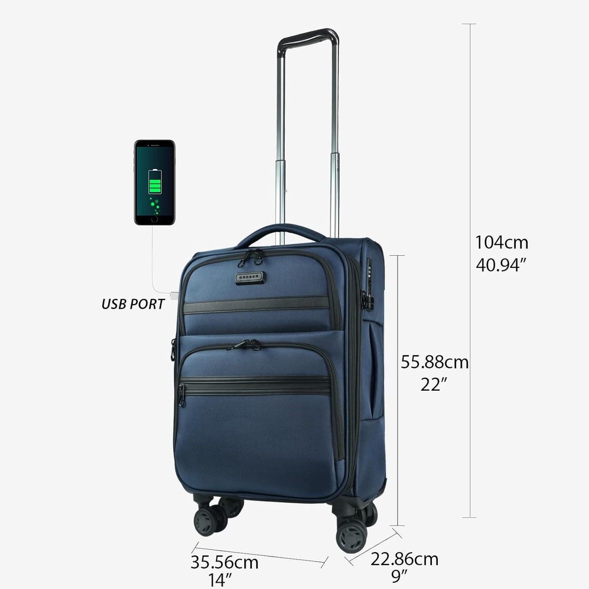 Softside Expandable Carry On Luggage with Front Business Pockets，20 Inch Suitcases with Spinner Wheels & Built-in TSA Lock, Durable Suitcase Rolling Luggage with USB Port, Haze Blue