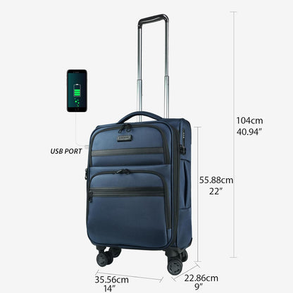 Softside Expandable Carry On Luggage with Front Business Pockets，20 Inch Suitcases with Spinner Wheels & Built-in TSA Lock, Durable Suitcase Rolling Luggage with USB Port, Haze Blue