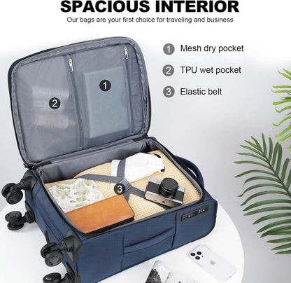 Softside Expandable Carry On Luggage with Front Business Pockets，20 Inch Suitcases with Spinner Wheels & Built-in TSA Lock, Durable Suitcase Rolling Luggage with USB Port, Haze Blue