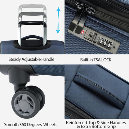Softside Expandable Carry On Luggage with Front Business Pockets，20 Inch Suitcases with Spinner Wheels & Built-in TSA Lock, Durable Suitcase Rolling Luggage with USB Port, Haze Blue