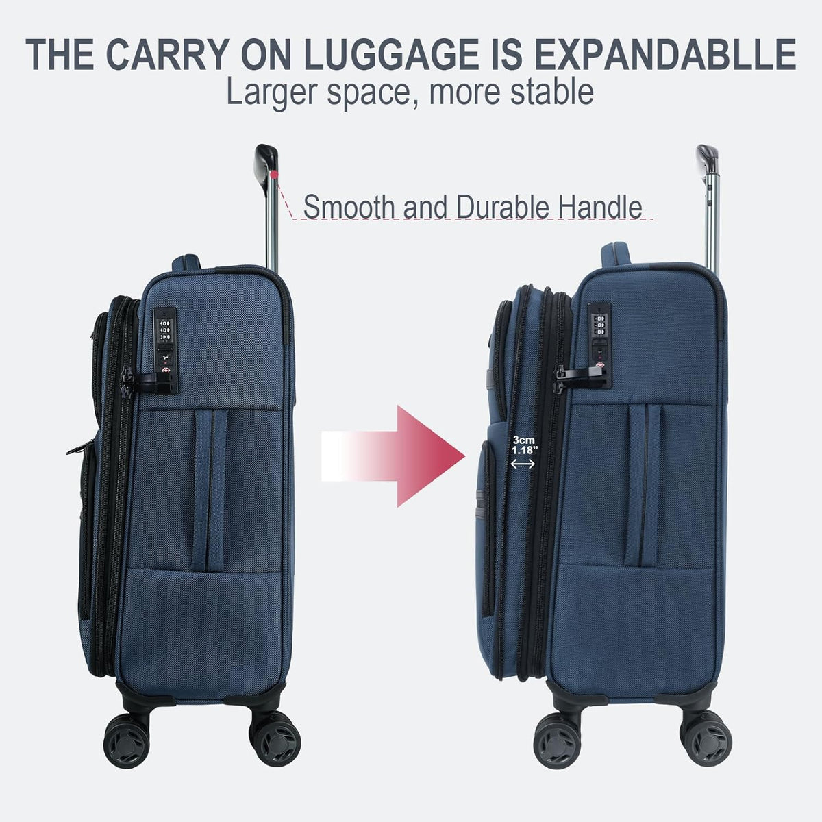 Softside Expandable Carry On Luggage with Front Business Pockets，20 Inch Suitcases with Spinner Wheels & Built-in TSA Lock, Durable Suitcase Rolling Luggage with USB Port, Haze Blue