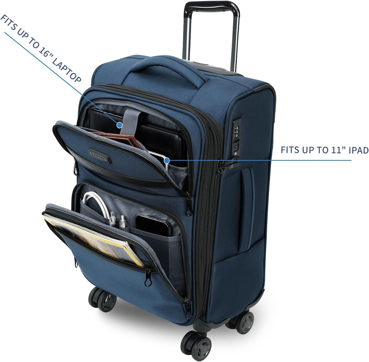 Softside Expandable Carry On Luggage with Front Business Pockets，20 Inch Suitcases with Spinner Wheels & Built-in TSA Lock, Durable Suitcase Rolling Luggage with USB Port, Haze Blue