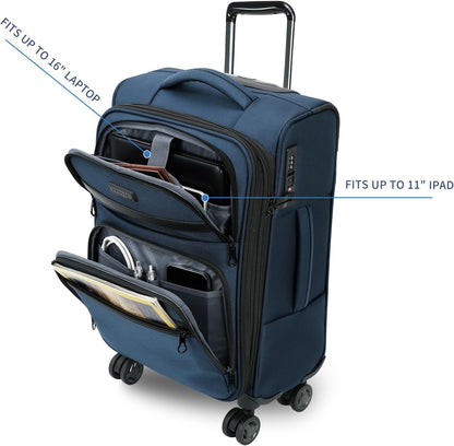 Softside Expandable Carry On Luggage with Front Business Pockets，20 Inch Suitcases with Spinner Wheels & Built-in TSA Lock, Durable Suitcase Rolling Luggage with USB Port, Haze Blue