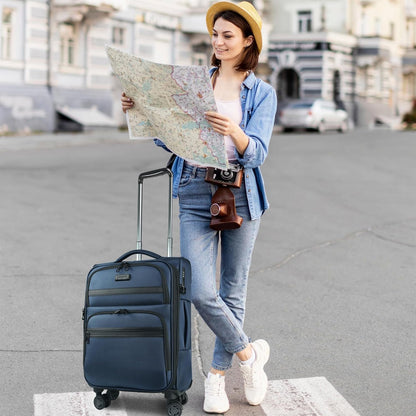 Softside Expandable Carry On Luggage with Front Business Pockets，20 Inch Suitcases with Spinner Wheels & Built-in TSA Lock, Durable Suitcase Rolling Luggage with USB Port, Haze Blue