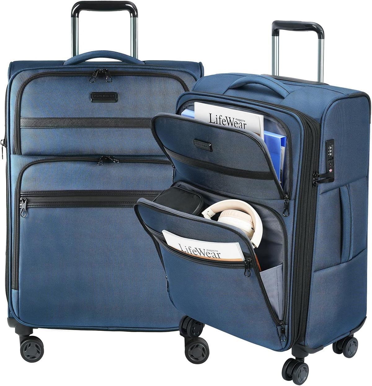 Softside Expandable Carry On Luggage with Front Business Pockets，20 Inch Suitcases with Spinner Wheels & Built-in TSA Lock, Durable Suitcase Rolling Luggage with USB Port, Haze Blue