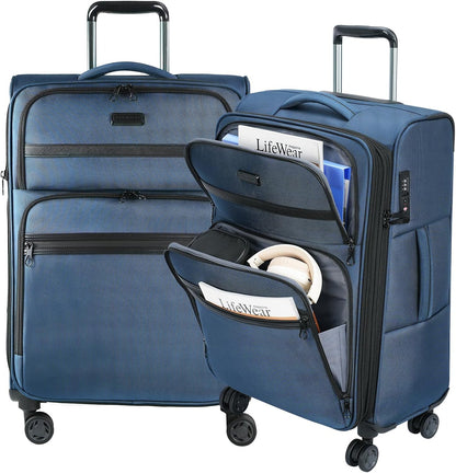 Softside Expandable Carry On Luggage with Front Business Pockets，20 Inch Suitcases with Spinner Wheels & Built-in TSA Lock, Durable Suitcase Rolling Luggage with USB Port, Haze Blue