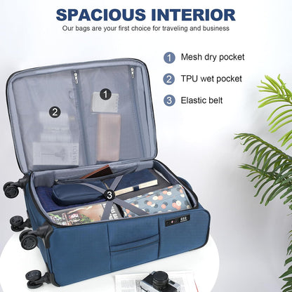 Softside Expandable Carry On Luggage with Front Business Pockets，20 Inch Suitcases with Spinner Wheels & Built-in TSA Lock, Durable Suitcase Rolling Luggage with USB Port, Haze Blue