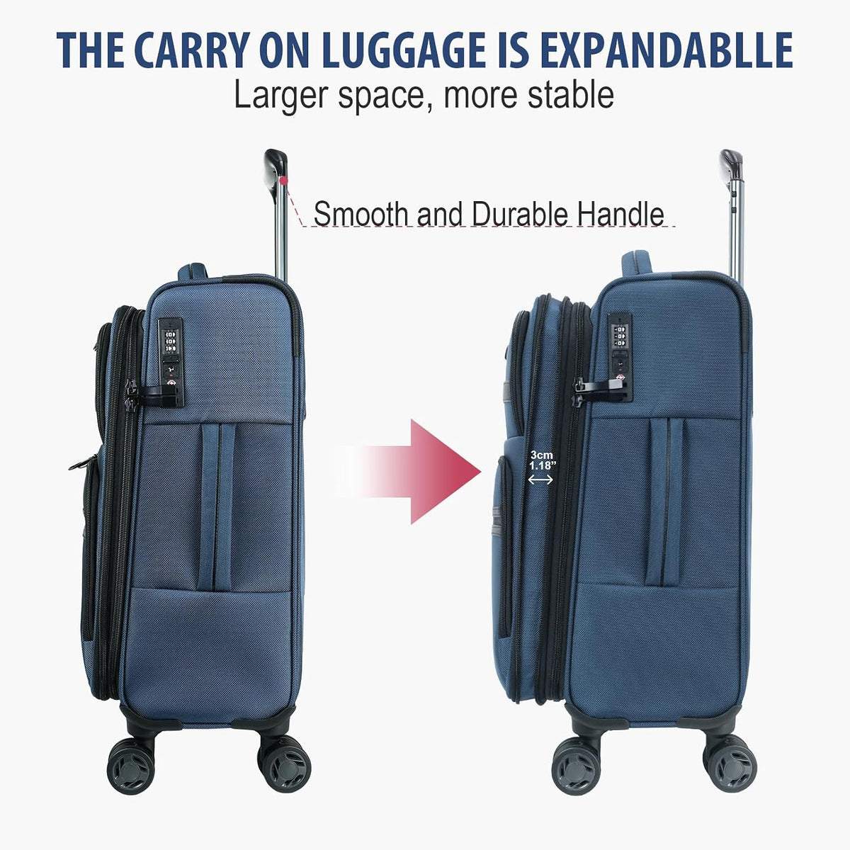 Softside Expandable Carry On Luggage with Front Business Pockets，20 Inch Suitcases with Spinner Wheels & Built-in TSA Lock, Durable Suitcase Rolling Luggage with USB Port, Haze Blue