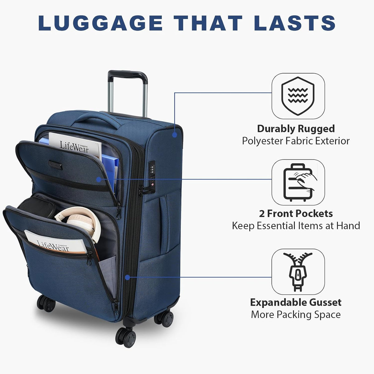 Softside Expandable Carry On Luggage with Front Business Pockets，20 Inch Suitcases with Spinner Wheels & Built-in TSA Lock, Durable Suitcase Rolling Luggage with USB Port, Haze Blue