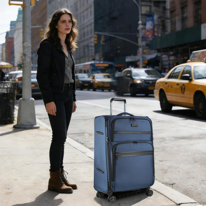 Softside Expandable Carry On Luggage with Front Business Pockets，20 Inch Suitcases with Spinner Wheels & Built-in TSA Lock, Durable Suitcase Rolling Luggage with USB Port, Haze Blue