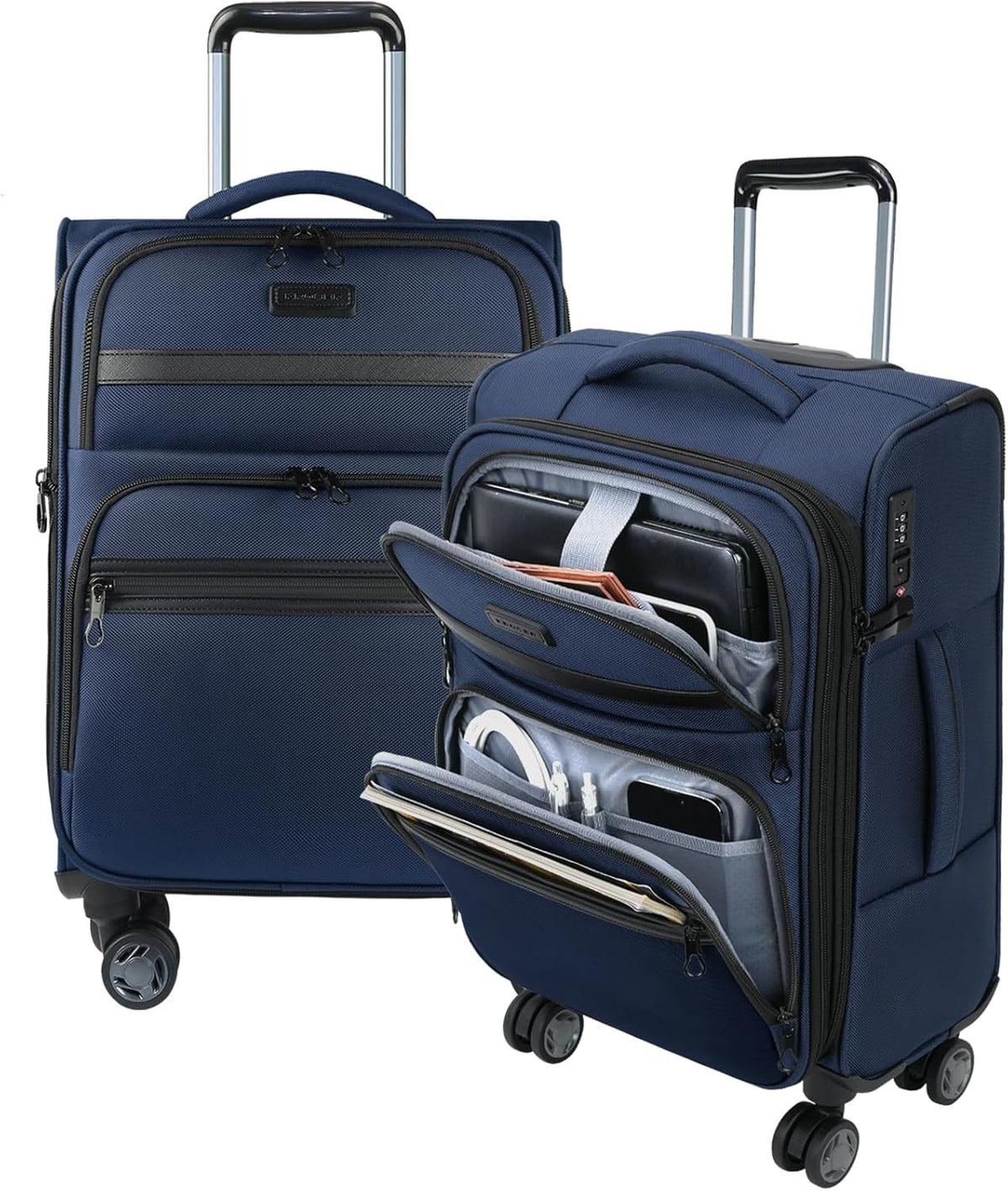 Softside Expandable Carry On Luggage with Front Business Pockets，20 Inch Suitcases with Spinner Wheels & Built-in TSA Lock, Durable Suitcase Rolling Luggage with USB Port, Haze Blue