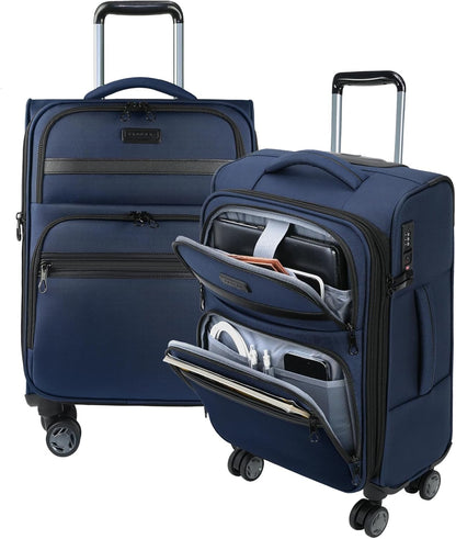 Softside Expandable Carry On Luggage with Front Business Pockets，20 Inch Suitcases with Spinner Wheels & Built-in TSA Lock, Durable Suitcase Rolling Luggage with USB Port, Haze Blue