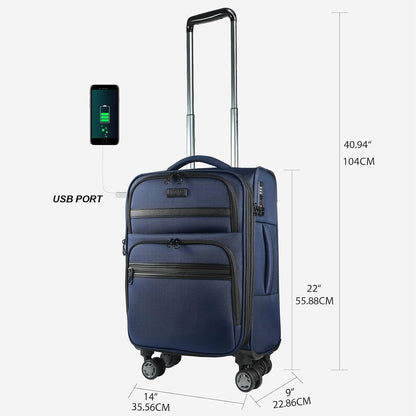 Softside Expandable Carry On Luggage with Front Business Pockets，20 Inch Suitcases with Spinner Wheels & Built-in TSA Lock, Durable Suitcase Rolling Luggage with USB Port, Haze Blue