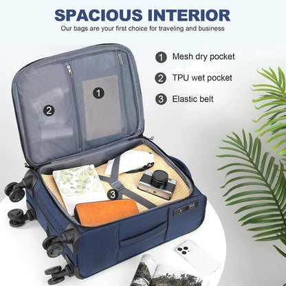 Softside Expandable Carry On Luggage with Front Business Pockets，20 Inch Suitcases with Spinner Wheels & Built-in TSA Lock, Durable Suitcase Rolling Luggage with USB Port, Haze Blue