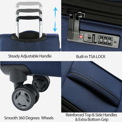 Softside Expandable Carry On Luggage with Front Business Pockets，20 Inch Suitcases with Spinner Wheels & Built-in TSA Lock, Durable Suitcase Rolling Luggage with USB Port, Haze Blue
