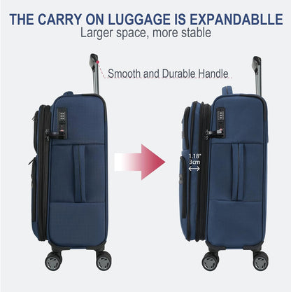 Softside Expandable Carry On Luggage with Front Business Pockets，20 Inch Suitcases with Spinner Wheels & Built-in TSA Lock, Durable Suitcase Rolling Luggage with USB Port, Haze Blue