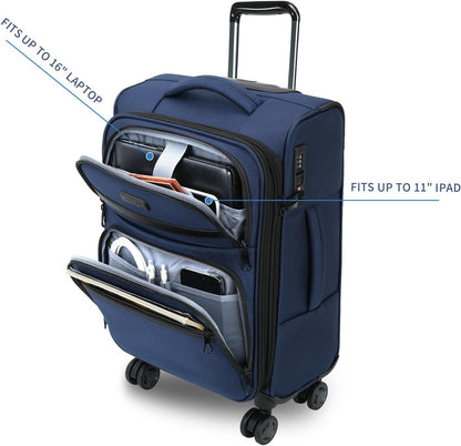 Softside Expandable Carry On Luggage with Front Business Pockets，20 Inch Suitcases with Spinner Wheels & Built-in TSA Lock, Durable Suitcase Rolling Luggage with USB Port, Haze Blue